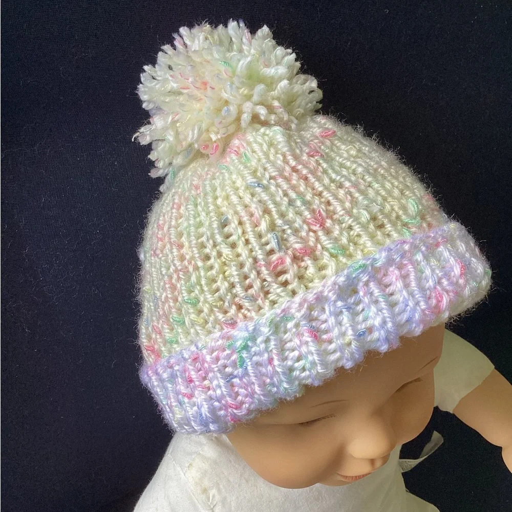 Baby Beanie Hat Hand Crafted Yellow White PomPom Knit